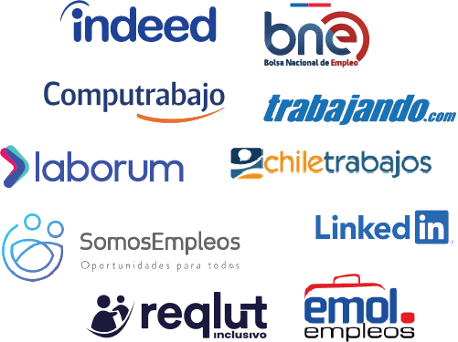 Logos de los siguientes portales de empleo: Indeed, Bolsa Nacional de Empleo, Computrabajo, Trabajando.com, Laborum, Chiletrabajos. SomosEmpleos, LinkedIn, Reqlut inclusivo, Emol empleos