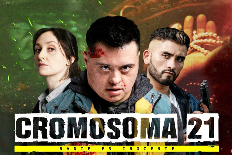 Afiche promocional de la serie "Cromosoma 21", con Sebastián Solorza al centro.